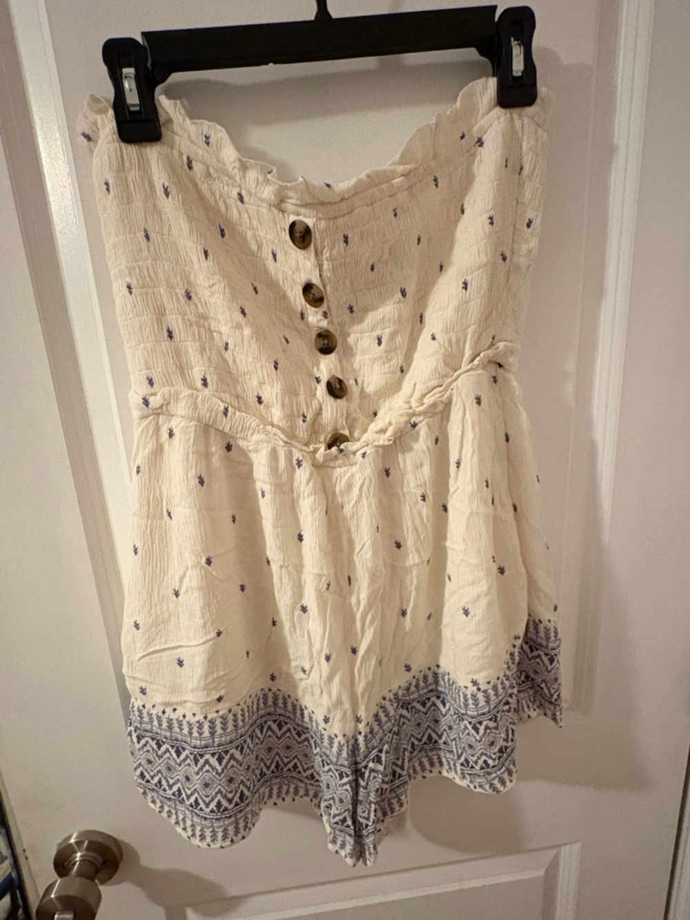 American Eagle Outfitters Cream Romper with Blue Border Print